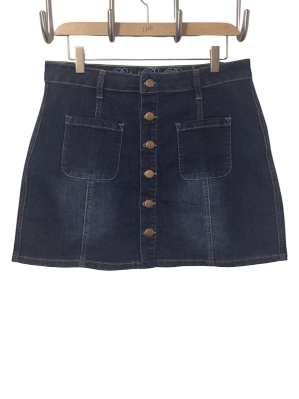 Rebel by Right Womens Button Snap Distressed Dark Denim Mini Skirt Sz 9
